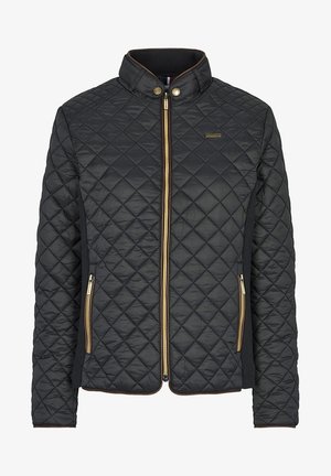 Veste noire matelassée avec col montant, fermeture éclair devant, accents dorés et poches latérales. Présente un tissu texturé et des panneaux latéraux contrastants.