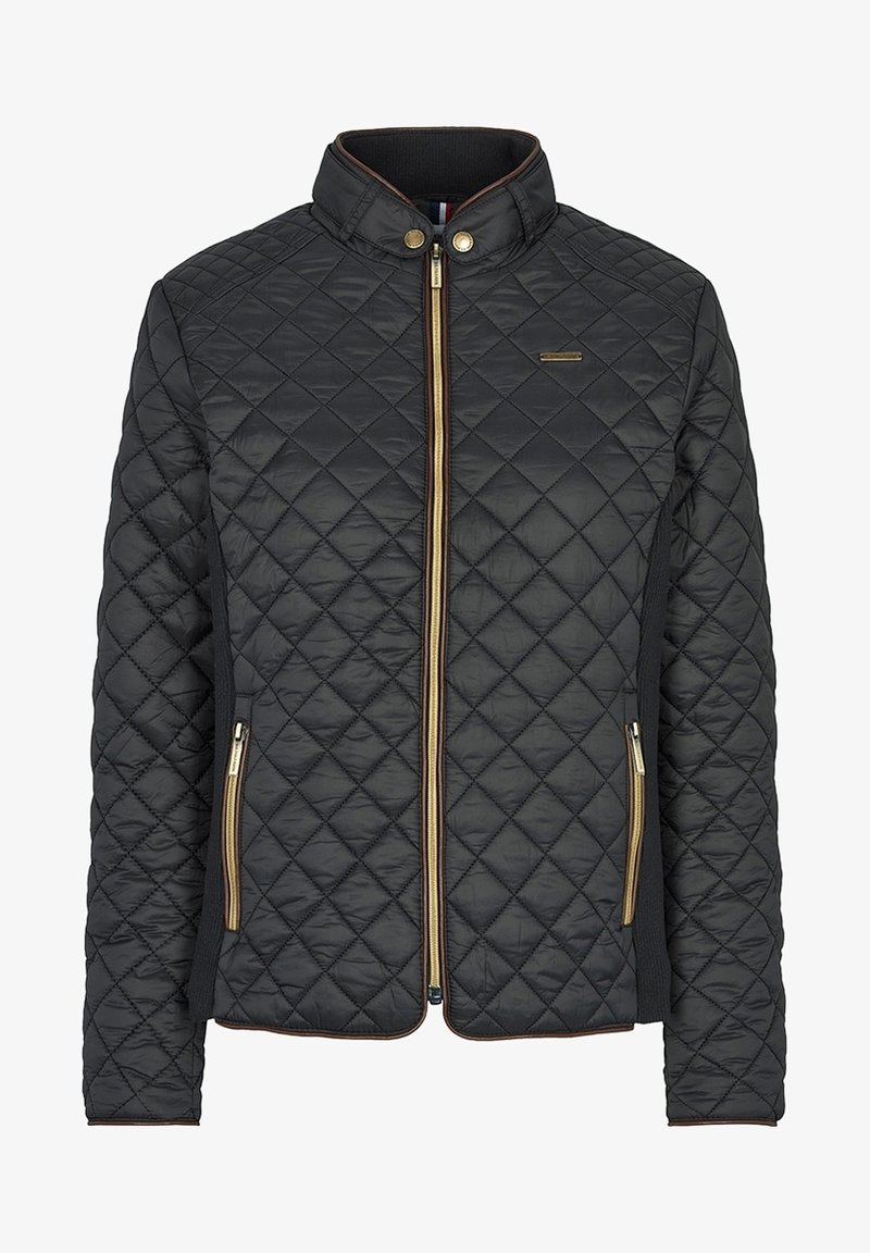 Gewatteerde zwarte jas met een opstaande kraag, ritssluiting aan de voorkant, gouden accenten en zijzakken. Heeft een gestructureerde stof en contrasterende zijpanelen.