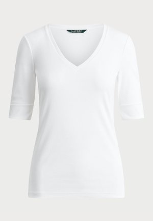 Witte V-hals t-shirt van zachte stof, met korte mouwen met opgerolde cuffs en een eenvoudig ontwerp, geschikt voor casual draag.