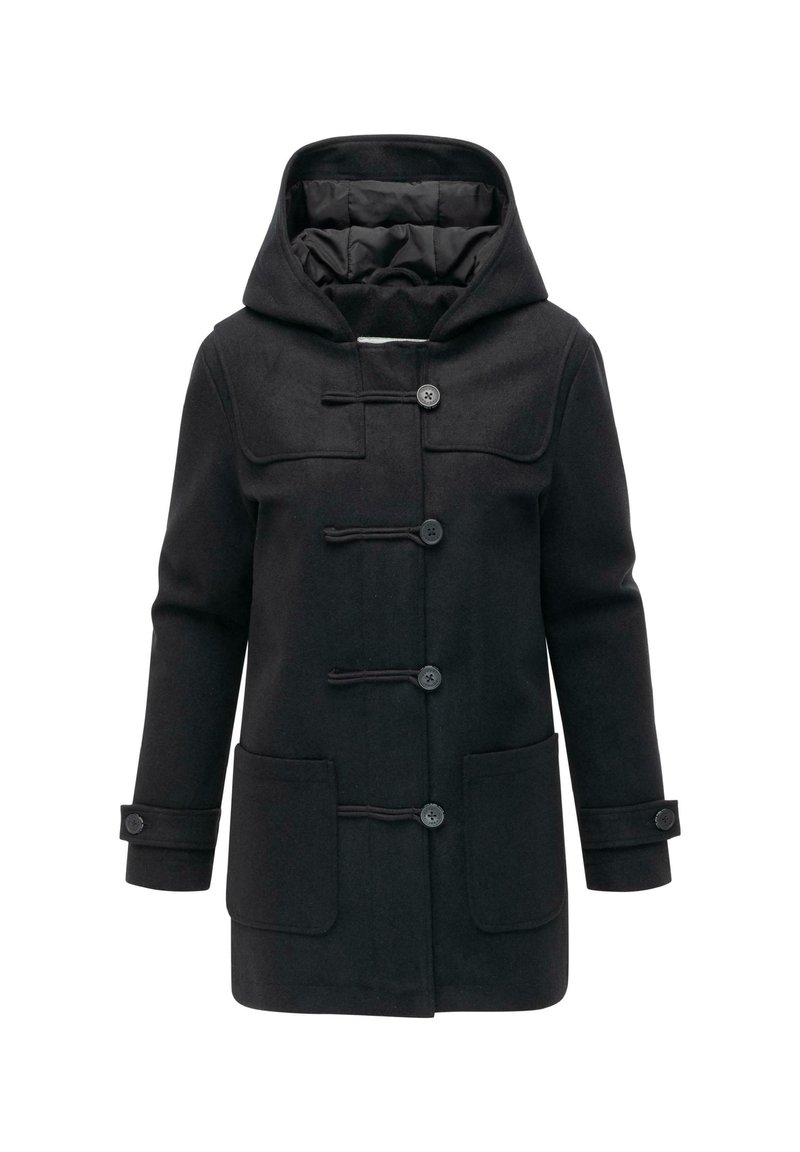 Svart ullkappa med huva, utrustad med knappar av toggeltyp, två framfickor och en texturerad yta. Utformad med en åtsittande siluett och det linger kring ärmarna.