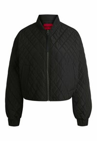 Giubbotto bomber nero trapuntato con alto colletto, chiusura con zip e polsini elasticizzati. Presenta dettagli di cuciture diagonali e due tasche laterali.