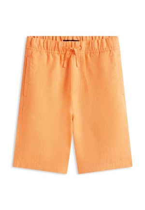 Orangefarbene knielange Shorts mit elastischem Bund und Kordelzug, seitlichen Taschen und geradem Saum, dargestellt vor weißem Hintergrund.