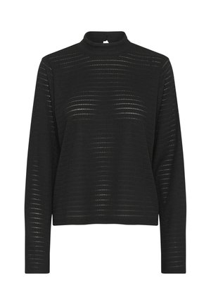 Schwarzer, langärmliger Pullover mit hohem Kragen, der ein strukturiertes Muster aus horizontalen Streifen und leichter Transparenz aufweist.