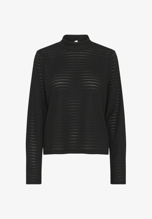 Schwarzer, langärmliger Pullover mit hohem Kragen, der ein strukturiertes Muster aus horizontalen Streifen und leichter Transparenz aufweist.