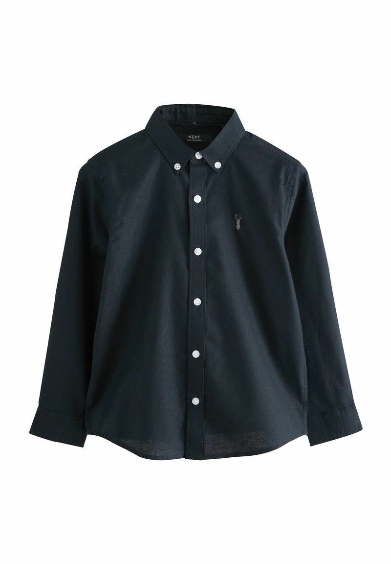Camicia button-up blu scuro con maniche lunghe, bottoni bianchi e un piccolo logo ricamato sul lato sinistro del petto. Tessuto in cotone liscio.