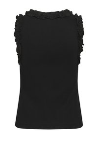 Black sleeveless top made of ribbed fabric, featuring ruffled edges along shoulders. Smooth texture, fitted design, and solid color.