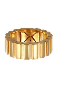 Gouden ring met een gestructureerd geribd ontwerp en een gepolijste afwerking. Beschikt over een gegraveerd logo aan de binnenkant. Ronde vorm met gladde randen.