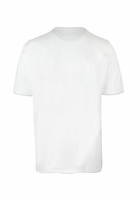 T-shirt in cotone bianco, maniche corte, collo rotondo, colore uniforme, orlo dritto, texture liscia, senza motivi o grafiche.