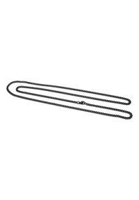 Catena in metallo nero, caratterizzata da un design attorcigliato con una superficie liscia. Include un gancio per un attacco sicuro. Ideale per accessori.