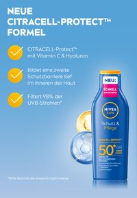 NIVEA Sun Sonnencreme-Flasche, blaue Plastikhülle mit gelbem Deckel, verfügt über kreisförmige Akzente in Blau und Gold. Enthält CITRACELL-Protect™ mit SPF 50+.