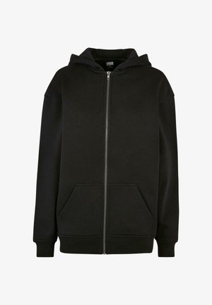 Schwarzer Kapuzenpullover mit Reißverschluss vorne, mit Fronttaschen sowie gerippten Bündchen und Saum.