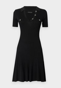 Black ribbed dress with short sleeves, V-neck, and small collar. Features decorative buttons on the front and a flared skirt.