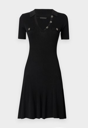 Black ribbed dress with short sleeves, V-neck, and small collar. Features decorative buttons on the front and a flared skirt.