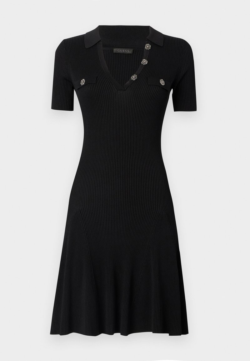 Vestito nero a costine con maniche corte, scollo a V e colletto piccolo. Presenta bottoni decorativi sulla parte anteriore e una gonna svasata.