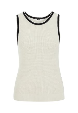 Mouwloos crèmekleurig gebreid topje met zwarte bies rond de ronde halslijn en armsgaten, met een gestructureerd patroon, nauwsluitende pasvorm.