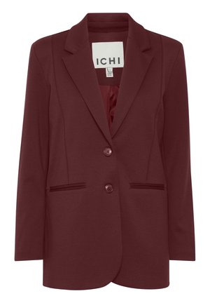 Bordový blazer vyrobený z měkké látky, s klopou ve tvaru písmene V, dvěma předními knoflíky a bočními kapsami s jemnými lemovacími detaily.