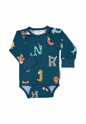 Langærmet baby-body i peacockblå med trykknapper, dekoreret med farverige illustrationer af dyr og bogstaver, herunder løve, ræv og zebra.