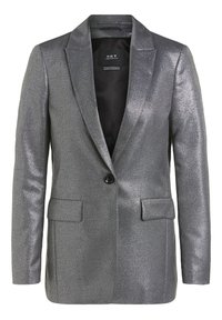 Veste argentée métallisée à bouton unique avec revers crantés et poches à rabat, coupe ajustée et doublure intérieure noire.