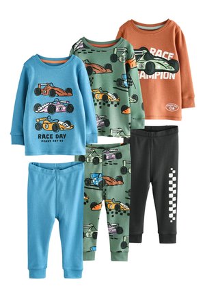 Set of children's clothing featuring two long-sleeve tops in blue and orange, paired with printed green and black pants, all cotton material.