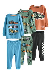 Ensemble de vêtements pour enfants comprenant deux hauts à manches longues en bleu et orange, assortis à des pantalons imprimés verts et noirs, le tout en coton.
