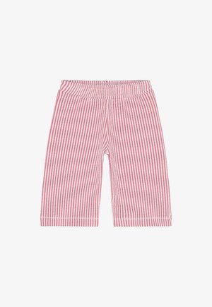 Shorts à rayures rouges et blanches en tissu doux, avec une taille élastique et une coupe mi-genoux.