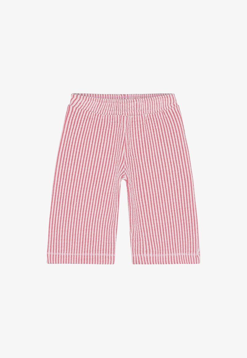 Rot-weiß gestreifte Shorts aus weichem Stoff, mit elastischem Bund und knielangem Design.