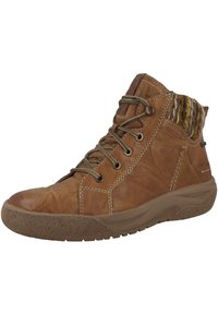 Botas de cuero marrón hasta el tobillo con un upper texturizado, que cuentan con un acento de tela estampada, cordones redondos y una suela de goma para mayor tracción.