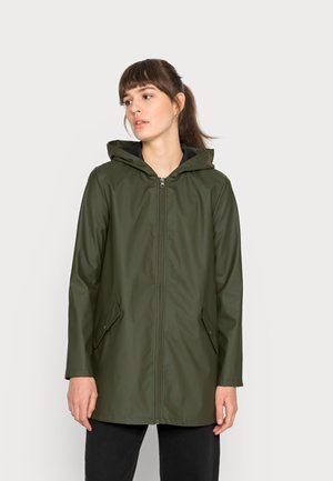 Green waterproof jacket with a front zipper, hood, and side pockets. Smooth texture with a lightweight design. Black inner lining visible.