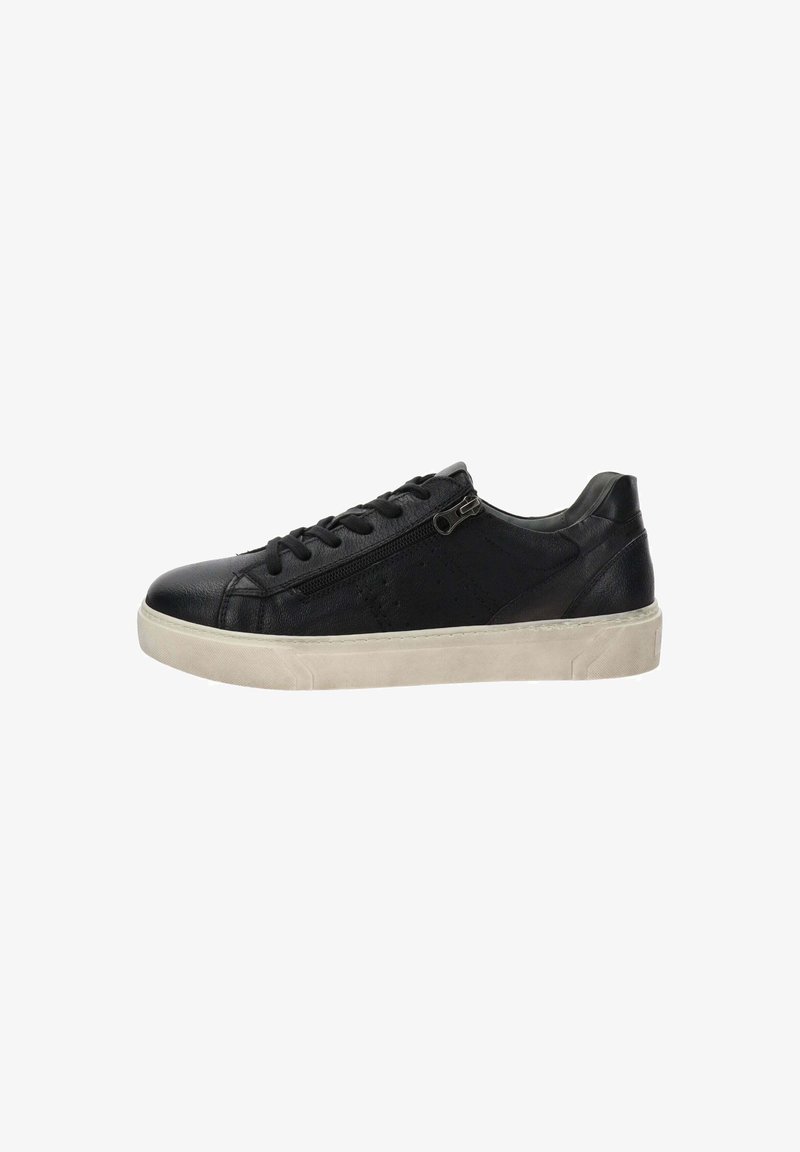 Schwarze niedrige Leder-Sneaker mit weißer Gummisohle, Schnürung vorne und seitlichem Reißverschlussdetail auf weißem Hintergrund.