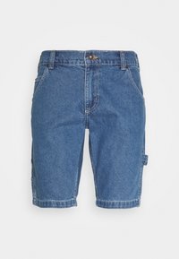 Jeansshorts i djupblått med en klassisk femfickdesign, bälteslupmar, och sidofickor med rak passform och knälång fåll.
