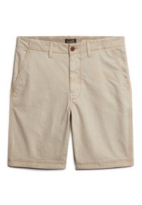 Pantaloni corti beige realizzati in tessuto leggero, dotati di chiusura con bottone, tasche angolari e cuciture a contrasto lungo le cuciture.