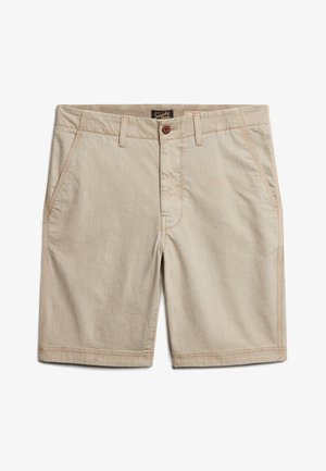 Pantaloni corti beige realizzati in tessuto leggero, dotati di chiusura con bottone, tasche angolari e cuciture a contrasto lungo le cuciture.