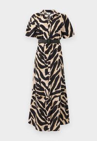 Long, button-up dress featuring a black and beige animal print, short sleeves, and a black belt with a circular buckle at the waist.