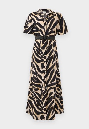 Long, button-up dress featuring a black and beige animal print, short sleeves, and a black belt with a circular buckle at the waist.