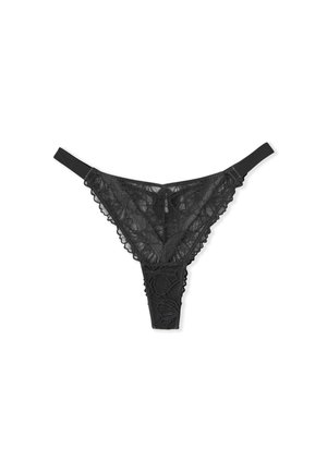 Black lace thong with floral pattern, featuring a scalloped edge and a smooth elastic waistband. Delicate and sheer design.