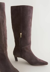 Brown suede knee-high boots with a pointed toe, tapered silhouette, and a side zipper featuring gold hardware. Square heel for stability.