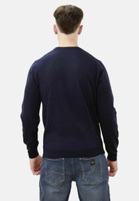 Maglione blu navy realizzato in morbido tessuto a maglia, con maniche lunghe e scollo rotondo. La vista posteriore mostra un design semplice senza motivi.