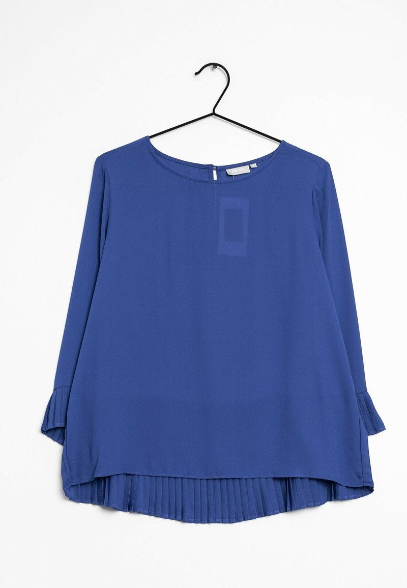 Blusa blu a maniche lunghe con scollatura rotonda, dettaglio di orlo plissettato e zip sul retro. Realizzata in tessuto leggero e morbido.