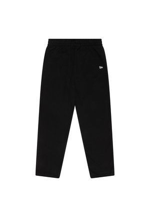 Sorte sweatpants med elastisk talje, tapered ben og et lille hvidt logo på den øverste side. Blødt stof med en glat tekstur.