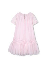 Ροζ φόρεμα με κοντά μανίκια, υφή υφάσματος, στρογγυλή λαιμόκοψη, βολάν στο τελείωμα και λεπτομέρειες δαντέλας κατά μήκος της φούστας. Κουμπιά στο πίσω μέρος.