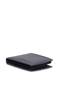 Leren portemonnee in donkerblauw, bi-fold ontwerp met gestikte randen. Soepele textuur met geperst merklogo. Compact en slank van vorm.