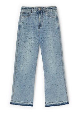 Lyseblå jeans med brede ben og høj talje, forrest med knap, lommer og små spredte glitrende rhinsten.