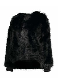 Maglione cropped in pelliccia sintetica nera con una superficie morbida e texture. Presenta un collo rotondo e polsini a coste per una vestibilità aderente.