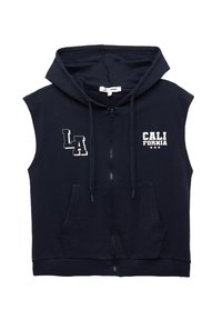 Granatowa bezrękawnik wykonany z bawełny, z przednim zamkiem błyskawicznym, dwoma kieszeniami oraz białymi grafikami: "LA" i "CALIFORNIA" na piersi.