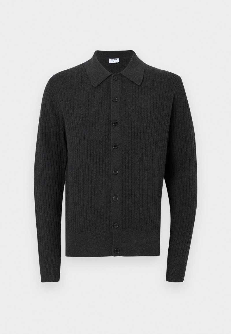 Dark charcoal gray button-up cardigan with ribbed texture, long sleeves, and a collar, displayed on a white background.