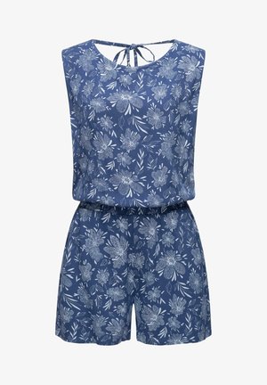 Navy floral romper with a sleeveless design, featuring white flower and leaf patterns. Adjustable tie at the back, elastic waistband.