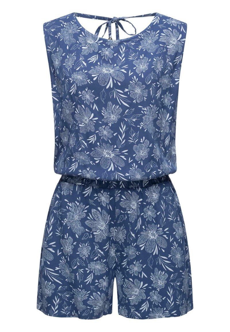 Mjuksjätten i marinblått med blommönster och ärmlös design, med vita blommor och bladmönster. Justerbar knytning bak och elastisk midja.