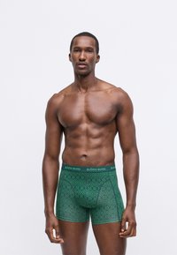 Boxer shorts verde a fantasia con tessuto morbido. L'elastico presenta il marchio "BJÖRN BORG" in verde. Sfondo semplice, modello in piedi.