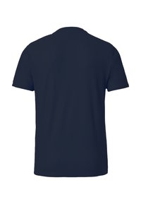 Marineblaue T-Shirt, kurze Ärmel, runder Ausschnitt, glatte Textur, keine sichtbaren Muster oder Grafiken auf der Rückseite, normale Passform.