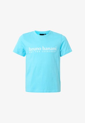 Hellblaues T-Shirt mit kurzen Ärmeln und weißem Schriftzug "bruno banani NOT FOR EVERYBODY" auf der Brust.